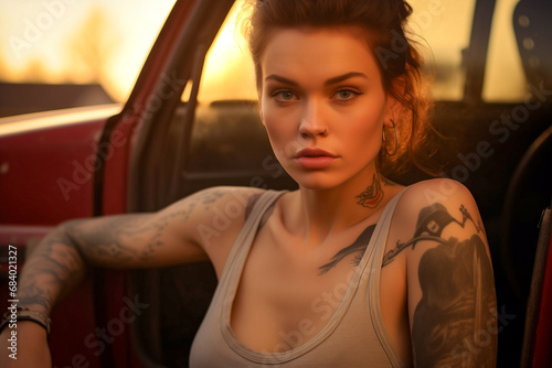 Portrait of a young woman in America's Heartland. Country music and pickup trucks, Made in the USA.