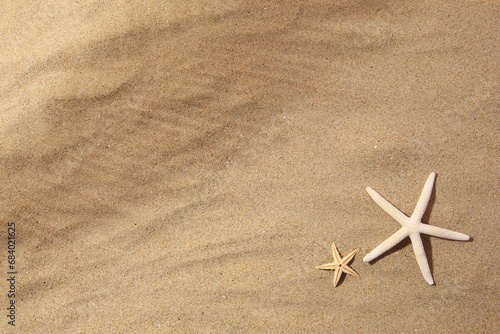 Beautiful sea stars on sand, flat lay. Space for text