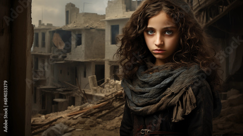 Ein Kind in einem vom Krieg zerstörten Viertel