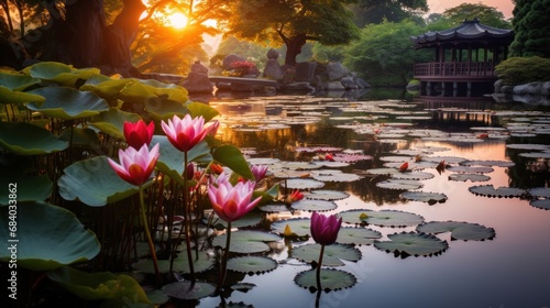 a pond with lily pads and flowers