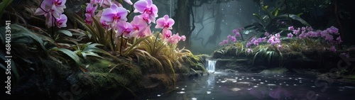a stream with pink flowers and a waterfall