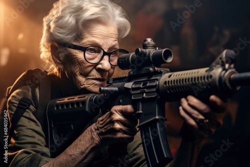 an old woman holding a gun