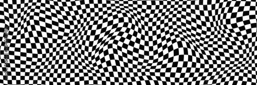 Distorted vector checkered seamless pattern. Groovy twisted grid. Psychedelic dynamic banner background. Retro 70s trippy hippie wavy aesthetic chess backdrop in black and white racing flag colors
