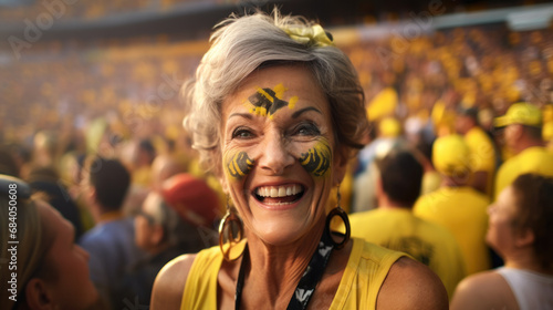 Face of senior happy lady with face art. Soccer team fan, sport event, faceart and patriotism concept. Stadium shot, copy space. Brazilian color green and yellow
