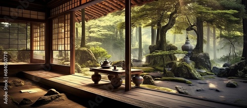 Japanese garden in a japanese house. 3D rendering