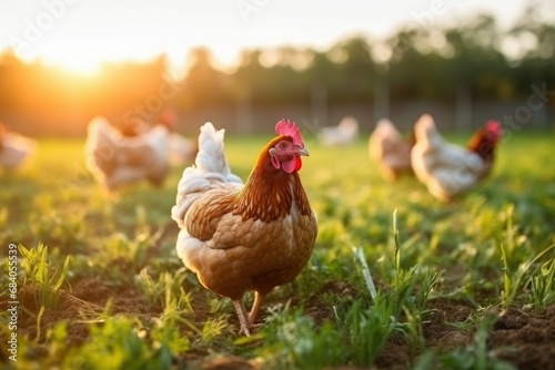 Chicken farming and agriculture on grass field or outdoor