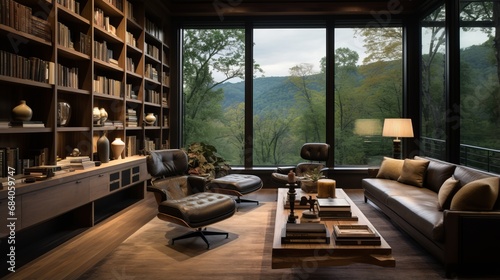 serene workspace haven: stylish home office or library with custom built-in bookshelves, comfortable seating, and inspiring views