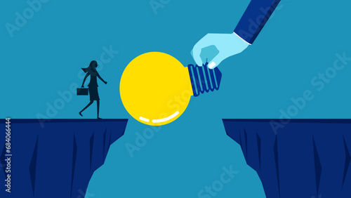 Teach knowledge to overcome obstacles. Businessman manager gives a light bulb bridge over a cliff. Vector