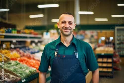 Portrait of the employee man in the supermarket or grocery background.