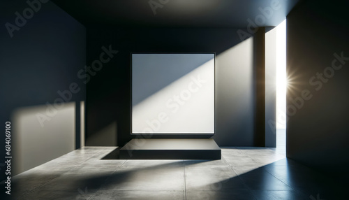 Sleek gallery interior showcasing a solitary framed canvas with dynamic lighting. Modern minimalism. Generative AI