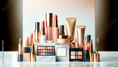 Assorted cosmetic products on marble, vibrant beauty collection. Makeup mockup display. Generative AI