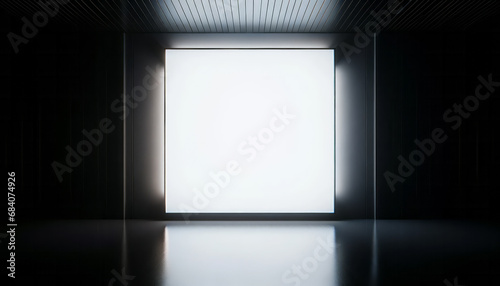 Backlit empty gallery panel in a darkened room. Minimalist design concept. Generative AI