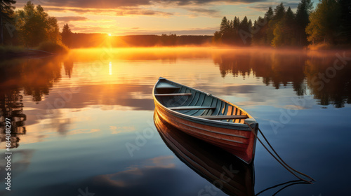 photo of the sunset on the edge of the lake with old boats on the edge of the lake