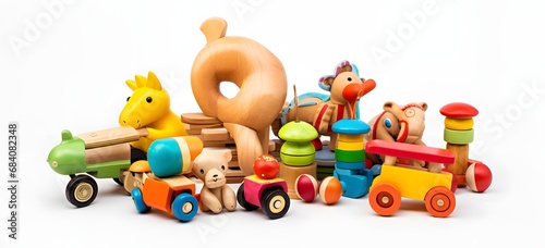 Assorted Colorful Wooden Toys on White Background for Playtime and Learning Activities Generative AI