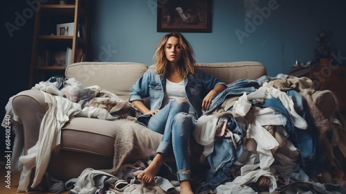 Disheveled Woman Sitting on Couch Surrounded by Piles of Clothes in Messy Room with Cluttered Closet Generative AI