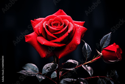 Single stunning red rose flower with vibrant colors and dark ambiance and background