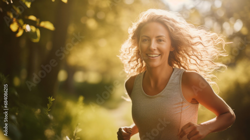 Portrait of a middle aged woman running in the wilderness with sun through the nature and leaves