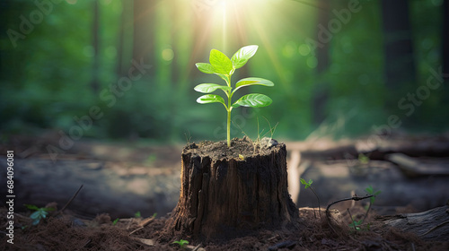 Young tree emerging from old tree stump, sprout in the tree