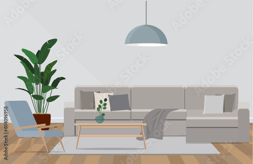 Modern living room setup with parquet floor. Furnished with light gray sofa, blue arm chair with wooden coffee table.