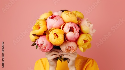 Close-up portrait of a young woman covering her face with a lush bouquet of pink and yellow peonies. Hidden behind a beautiful bouquet of bright wildflowers. Background beauty of blooming spring