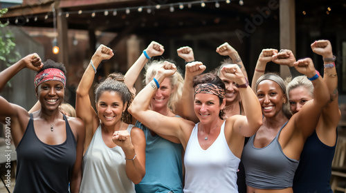 Mujeres sonriendo en grupo con los brazos en alto demostrando estilo de vida fitness