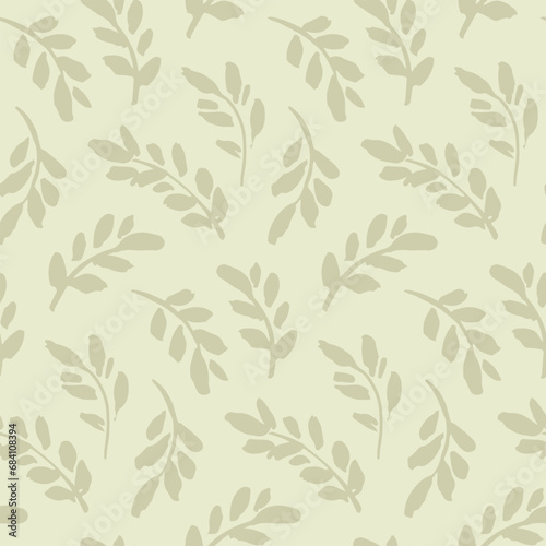 Seamless botanical pattern, natural print of sketch leaves in delicate colors. Abstract floral design: hand drawn botany, pastel foliage, large leaves on a light green background. Vector illustration.
