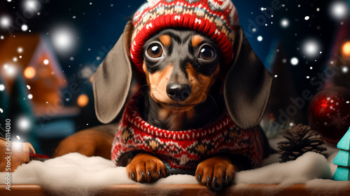 Dachshund dog in ugly Christmas sweater on dark background.