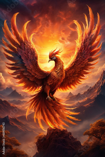a phoenix dancing in the hues of a magical sunset, casting a warm, golden glow over a tranquil landscape. ai generative