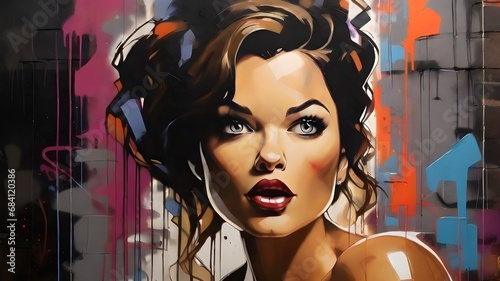portrait of a woman with graffiti. In an urban alley a large piece of artwork, a painting of a woman has been spray painted by vandals or graffiti artists. Ai ganerated image