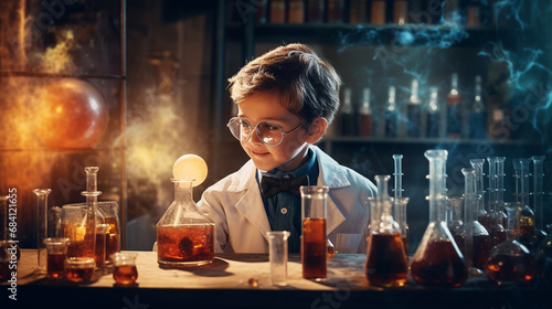 A boy doing experiments in the laboratory. Explosion in the laboratory. Generative AI