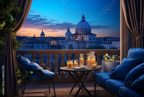 Landscape Scene of st peter's basilica at the sunset time, view from inside decorate home apartment, window and balcony view, holiday and tourist concept, Generative AI