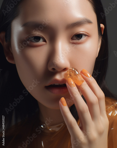 Portret azjatyckiej dziewczyny dotykającej palcami twarzy - subtelna kobiecość - Portrait of an Asian girl touching her face with her fingers - subtle femininity - AI Generated