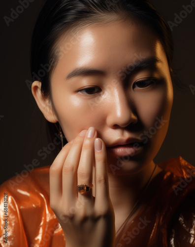 Portret azjatyckiej dziewczyny dotykającej palcami twarzy - subtelna kobiecość - Portrait of an Asian girl touching her face with her fingers - subtle femininity - AI Generated