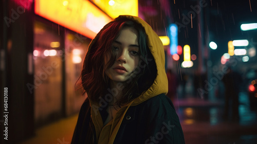 Portret uliczny - młoda dziewczyna w żółtym kapturze na tle wystaw sklepowych - nostalgiczny hip-hop -Street portrait - young girl in yellow hoodie against a background of store windows - AI Generated