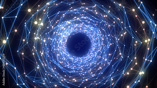 Futuristic sci-fi circle portal in space. 3D ai tunnel with dots and lines. Abstract digital wormhole data. Flow particle by funnel. Fantasy circle vortex on dark background. 3D rendering.