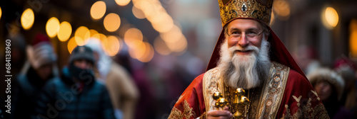 Charming Sinterklaas revered bishop wishing joy on St Nicholas Day 