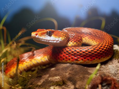 Bright orange corn snake coiled and poised, with detailed scales.
