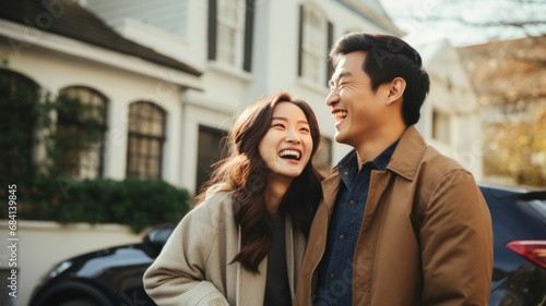 Happy Asian family standing and laughing together in front of the new car and the new big luxury house background. Couple relationship concept.