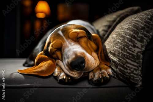 Sleeping Basset Hound dog in peaceful relaxed slumber 