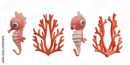 Collection with seahorse and red coral in different positions. Realistic animals and plants for computer games. Vector illustration in 3d style with white background