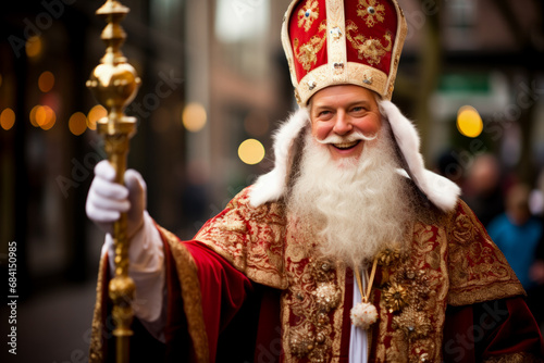 Charming Sinterklaas revered bishop wishing joy on St Nicholas Day 