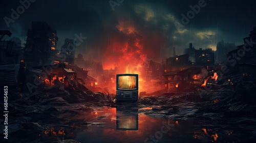 widok płonącego miasta, apokalipsa, zagłada miasta i ludzkości, 