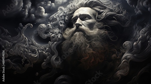 widok boga z brodą i wąsami w chmurach