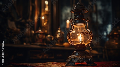 an antique oil lamp casting a warm glow in a dimly lit room
