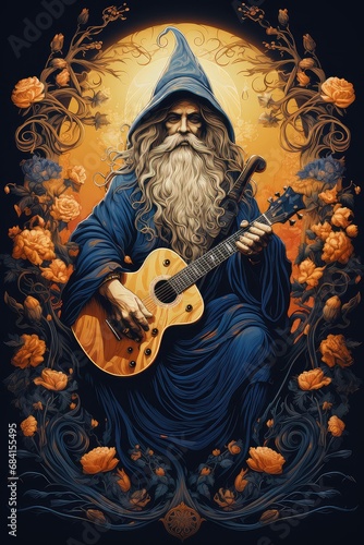 medrzec z gitarą z brodą i gitarą jako symbol religijny i wolności