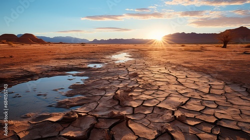 Wysychające źródło wody na pustynni z popękaną piaszczystą glebą. 