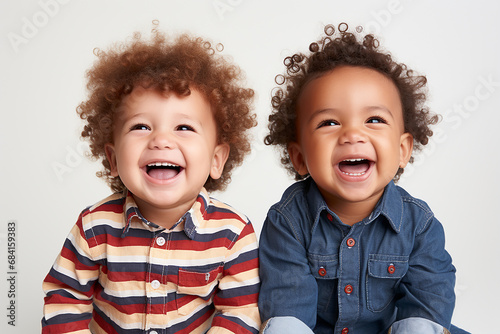 Portrait of two happy toddlers on light background