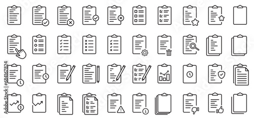Clipboard icon collection,set document icon, checklist symbol, document gear, survey or agreement editable stroke outline icons set isolated on white background flat vector illustration. 