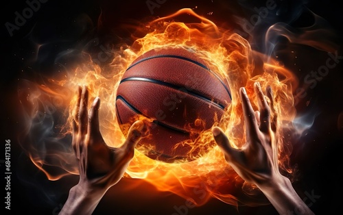 Two photorealistic hands throwing orange basketball ball burning on black background. Banner with red fire flames, smoke. Fast dribble motion, goal. March madness poster design. AI Generative.