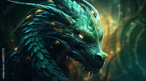 A detailed and mystical green dragon with glowing eyes in an atmospheric, abstract background.
